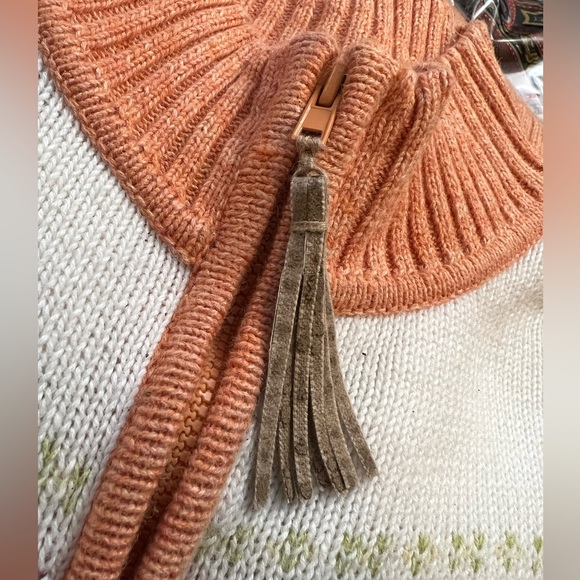 Tiara International Peach White Classic Knitted Front Zip mock Casual Sweater - Picture 7 of 9